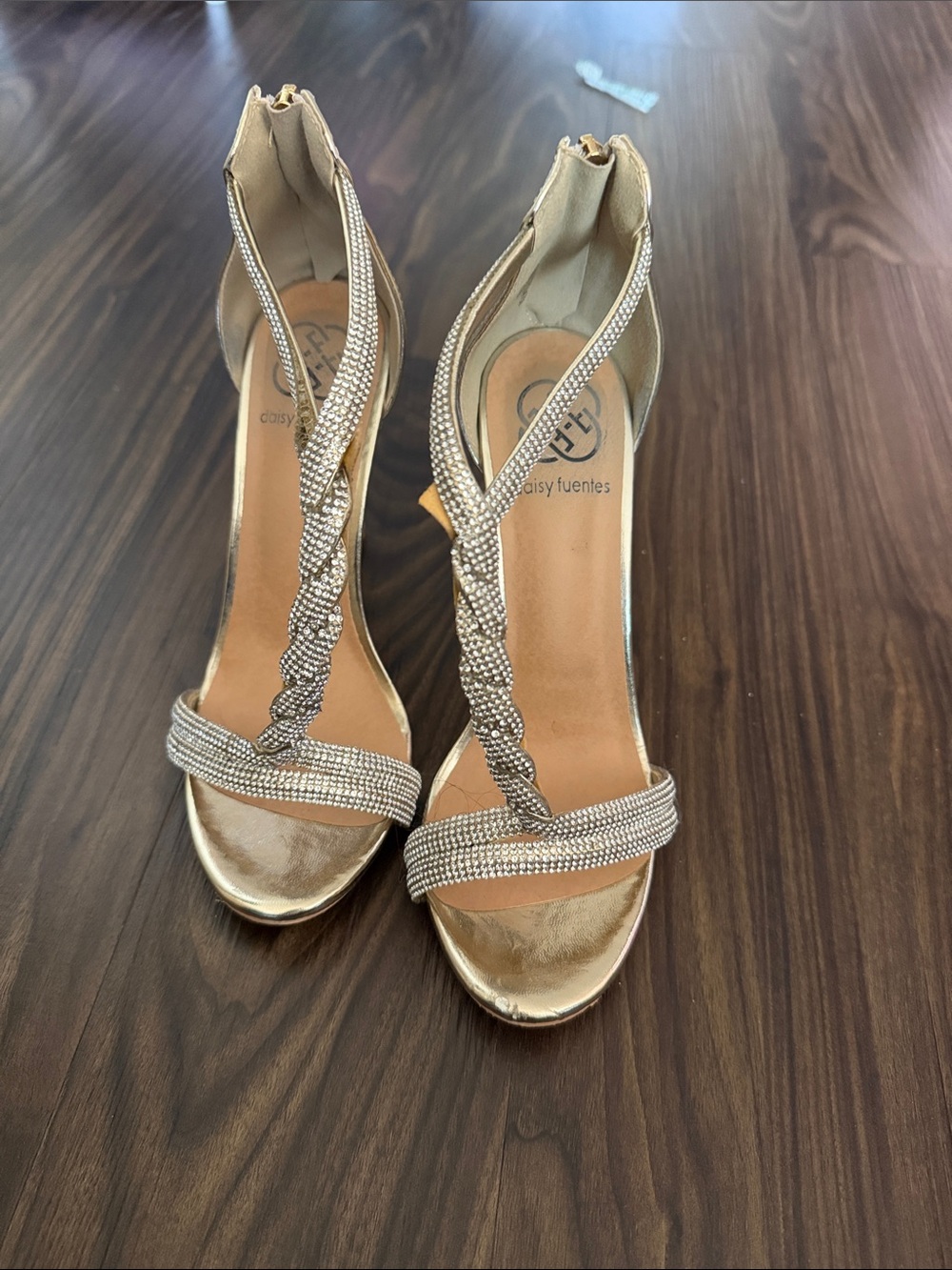 Daisy Fuentes Metallic Gold T-Strap Rhinestone Heels